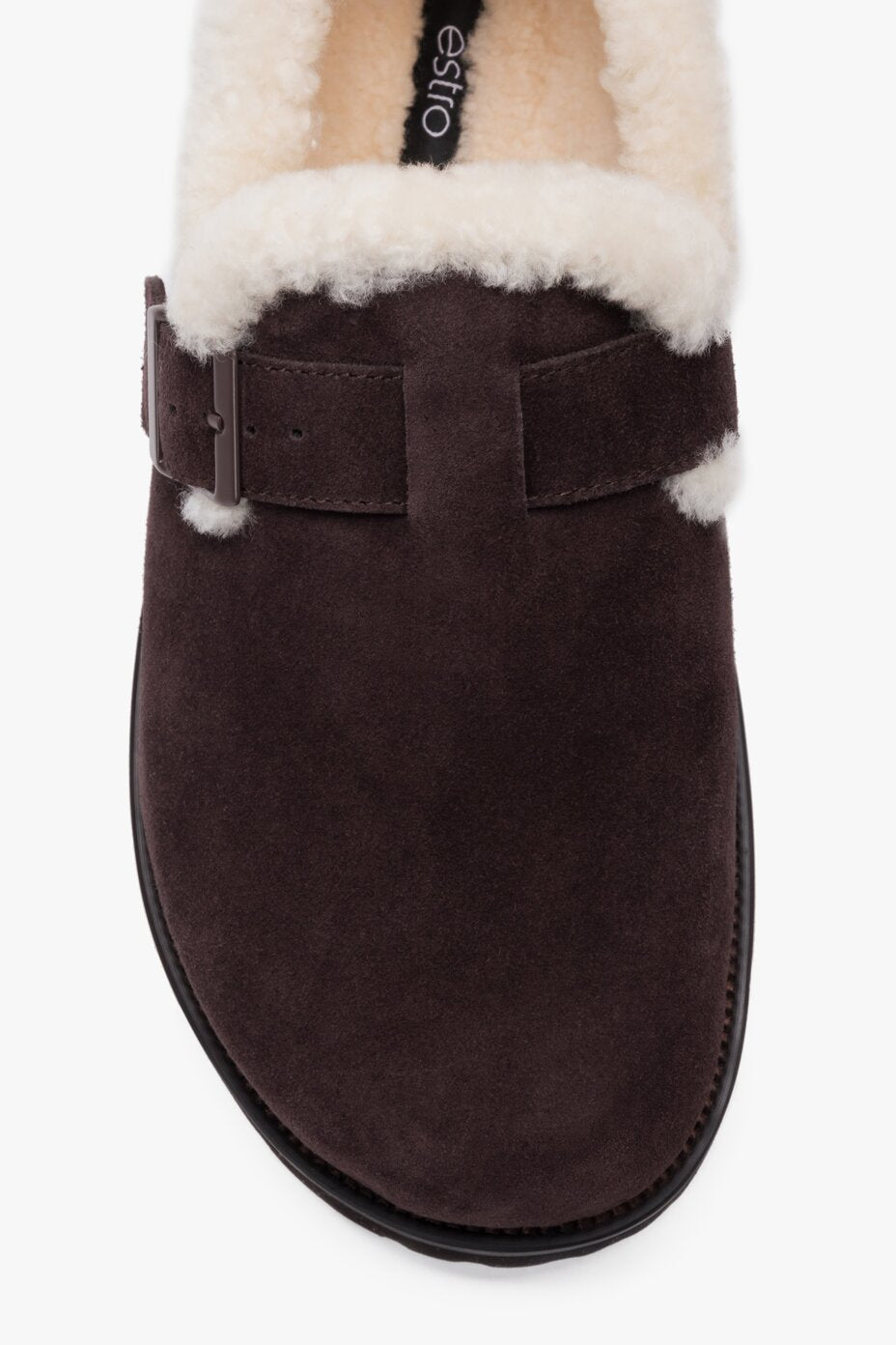 Women's Dark Brown Genuine Velour Warm Fur-Lined Loafers with Buckle Estro ER00120646.