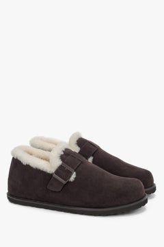 Estro - women's dark brown genuine velour warm fur-lined loafers with buckle (ER00120646).