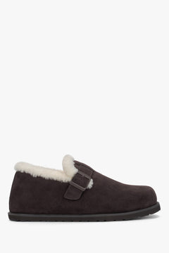 Women's dark brown genuine velour warm fur-lined loafers with buckle Estro.