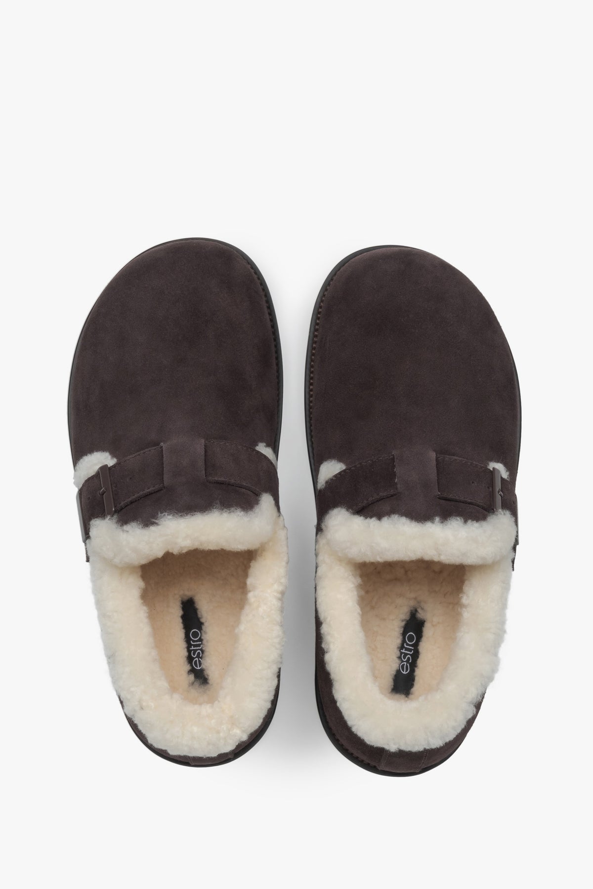 Women's dark brown winter loafers Estro - top-down view showcasing the easy slip-on fit, plush fur trim, and comfortable footbed.