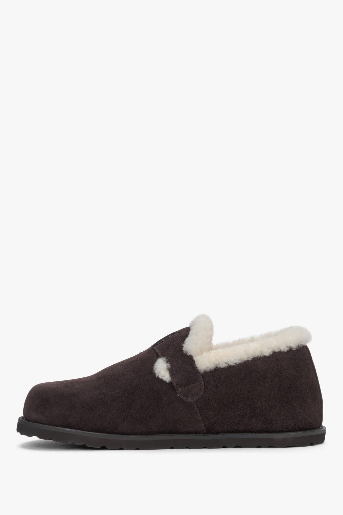 Women's dark brown natural suede slip-on loafers featuring plush fur lining and an elegant front buckle, Estro.