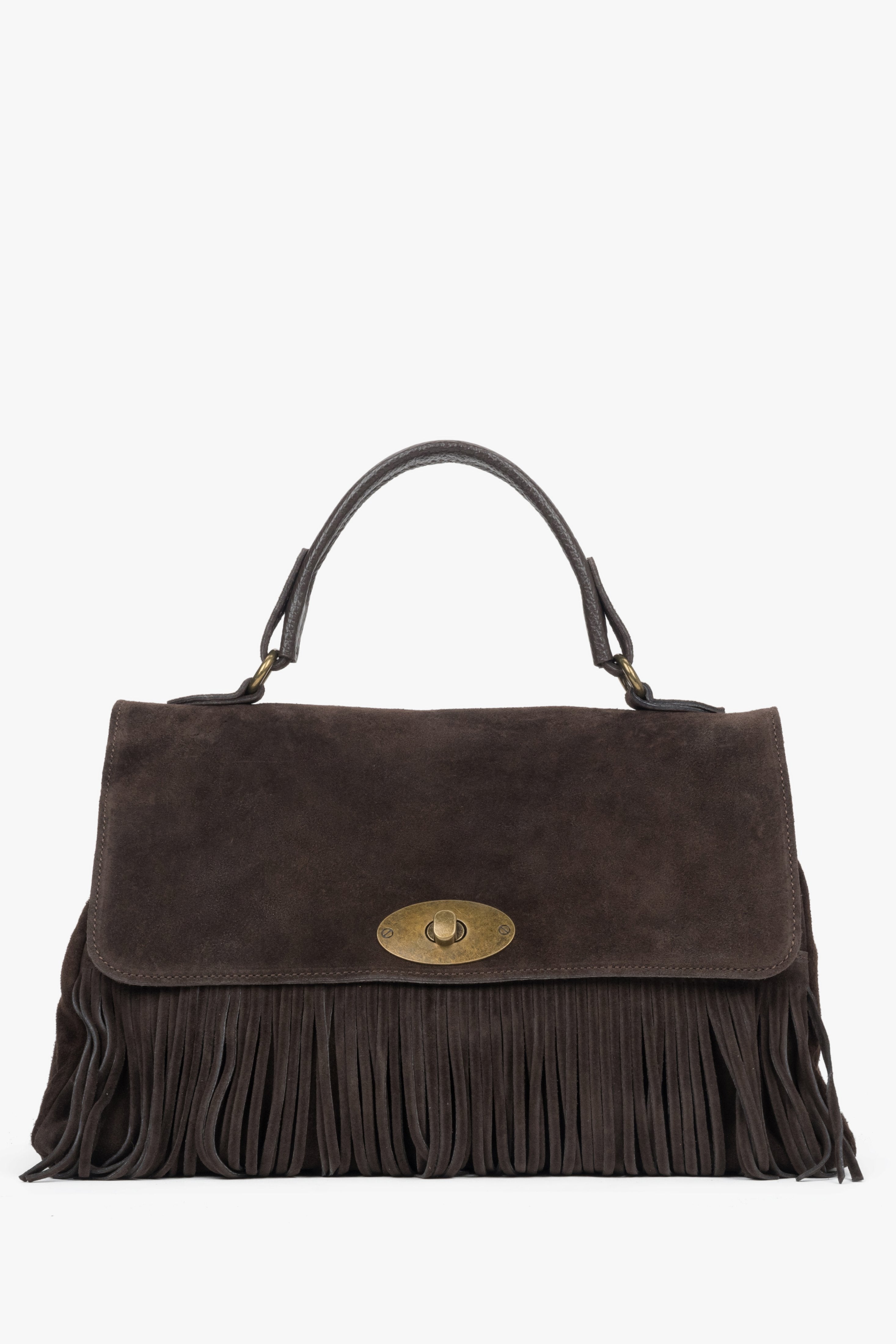 Women's Dark Brown Handbag made of Italian Genuine Velour with Fringes Estro ER00118147.