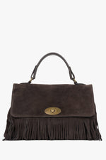 Women's Dark Brown Handbag made of Italian Genuine Velour with Fringes Estro ER00118147.