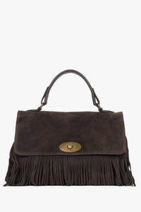 Women's Dark Brown Handbag made of Italian Genuine Velour with Fringes Estro ER00118147.