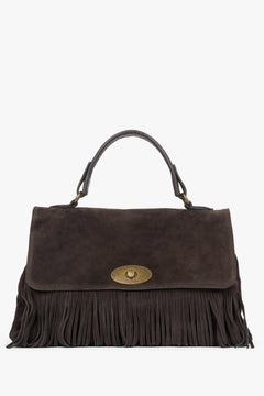Women's Dark Brown Handbag made of Italian Genuine Velour with Fringes Estro ER00118147.