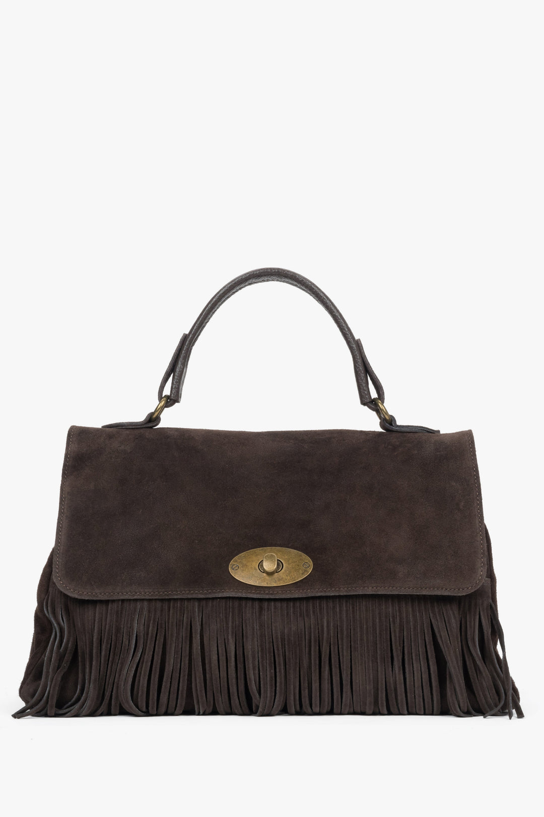 Women's Dark Brown Handbag made of Italian Genuine Velour with Fringes Estro ER00118147.