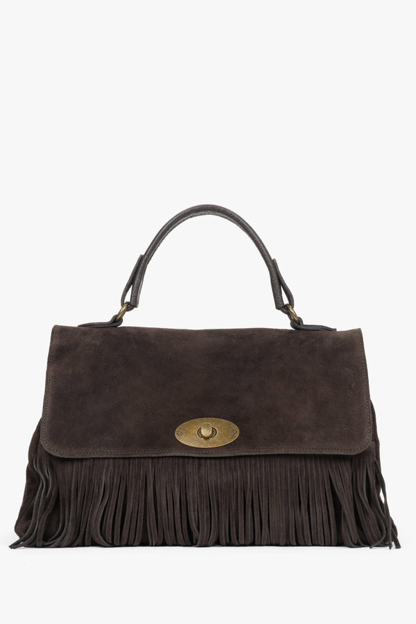Women's Dark Brown Handbag made of Italian Genuine Velour with Fringes Estro ER00118147.