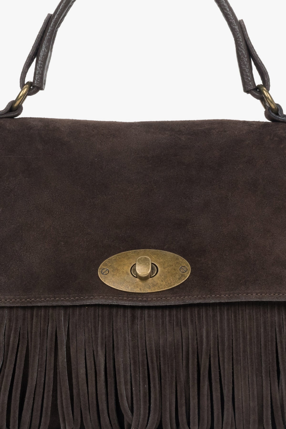 Dark brown, handy women’s handbag made of genuine Italian velour with fringes.
