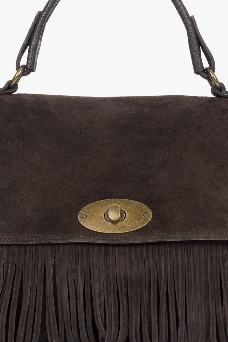 Dark brown, handy women’s handbag made of genuine Italian velour with fringes.