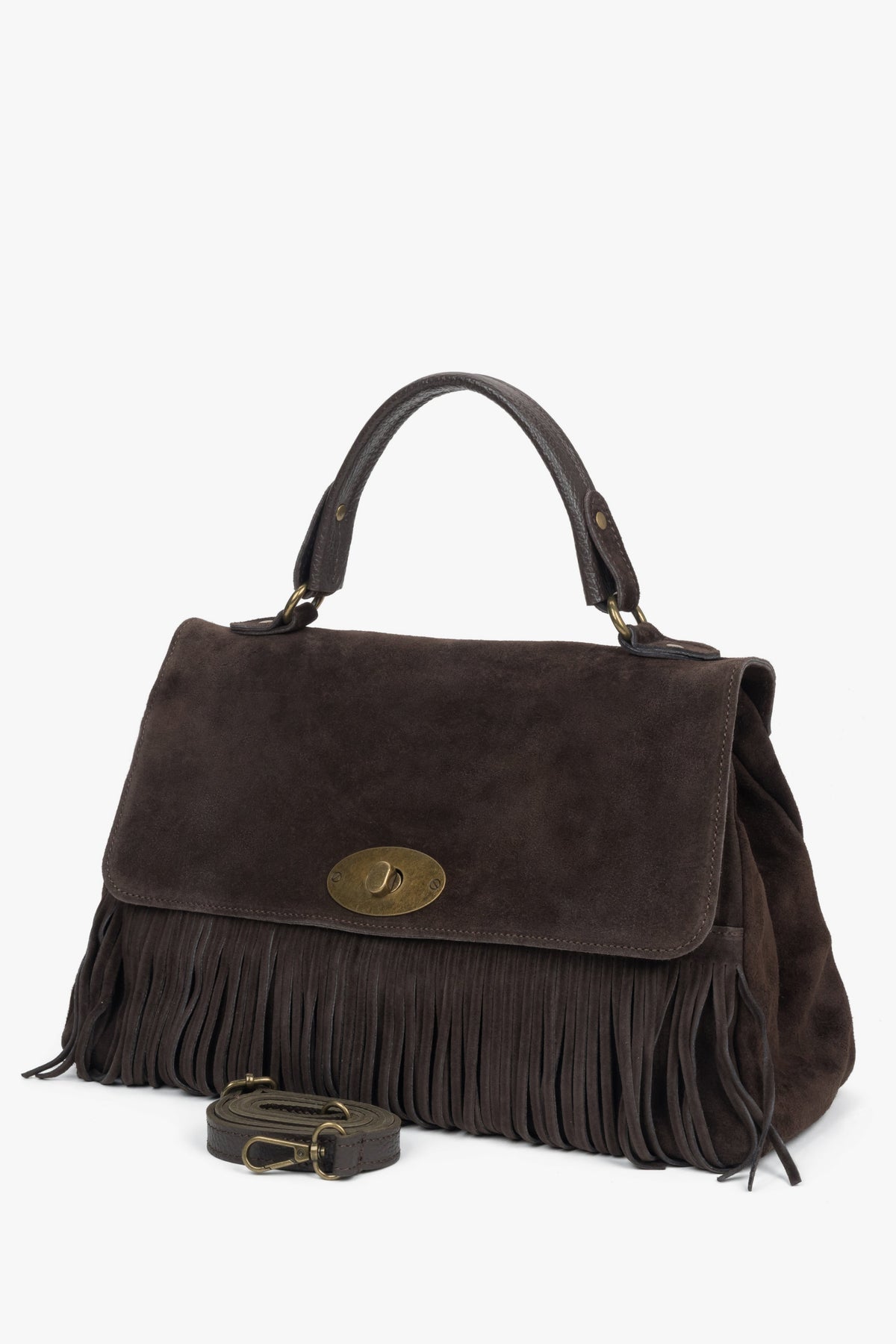 Women’s handbag, dark brown, handy, with fringes, made of genuine Italian velour, Estro ER00118147.