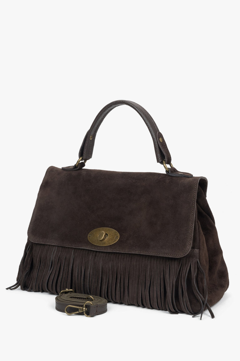 Women’s handbag, dark brown, handy, with fringes, made of genuine Italian velour, Estro ER00118147.