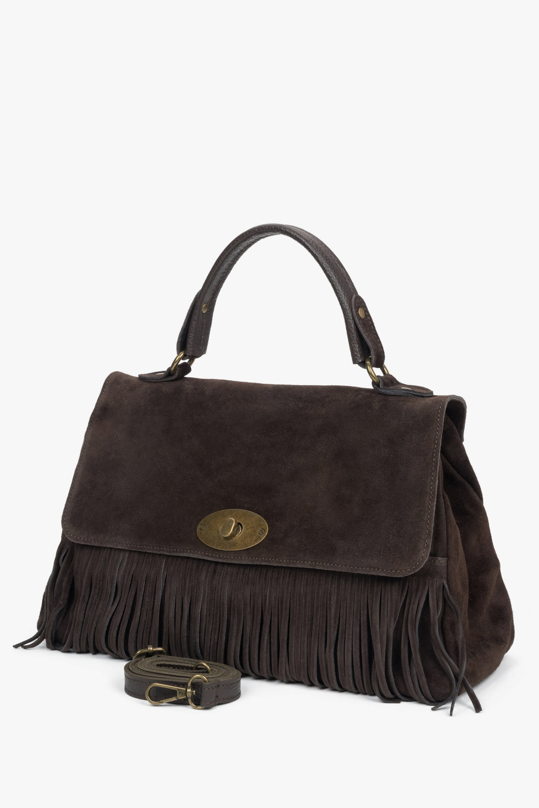 Women’s handbag, dark brown, handy, with fringes, made of genuine Italian velour, Estro ER00118147.