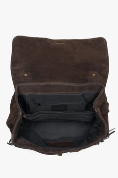 Women’s dark brown handy handbag with fringes made of genuine Italian velour Estro ER00118147.