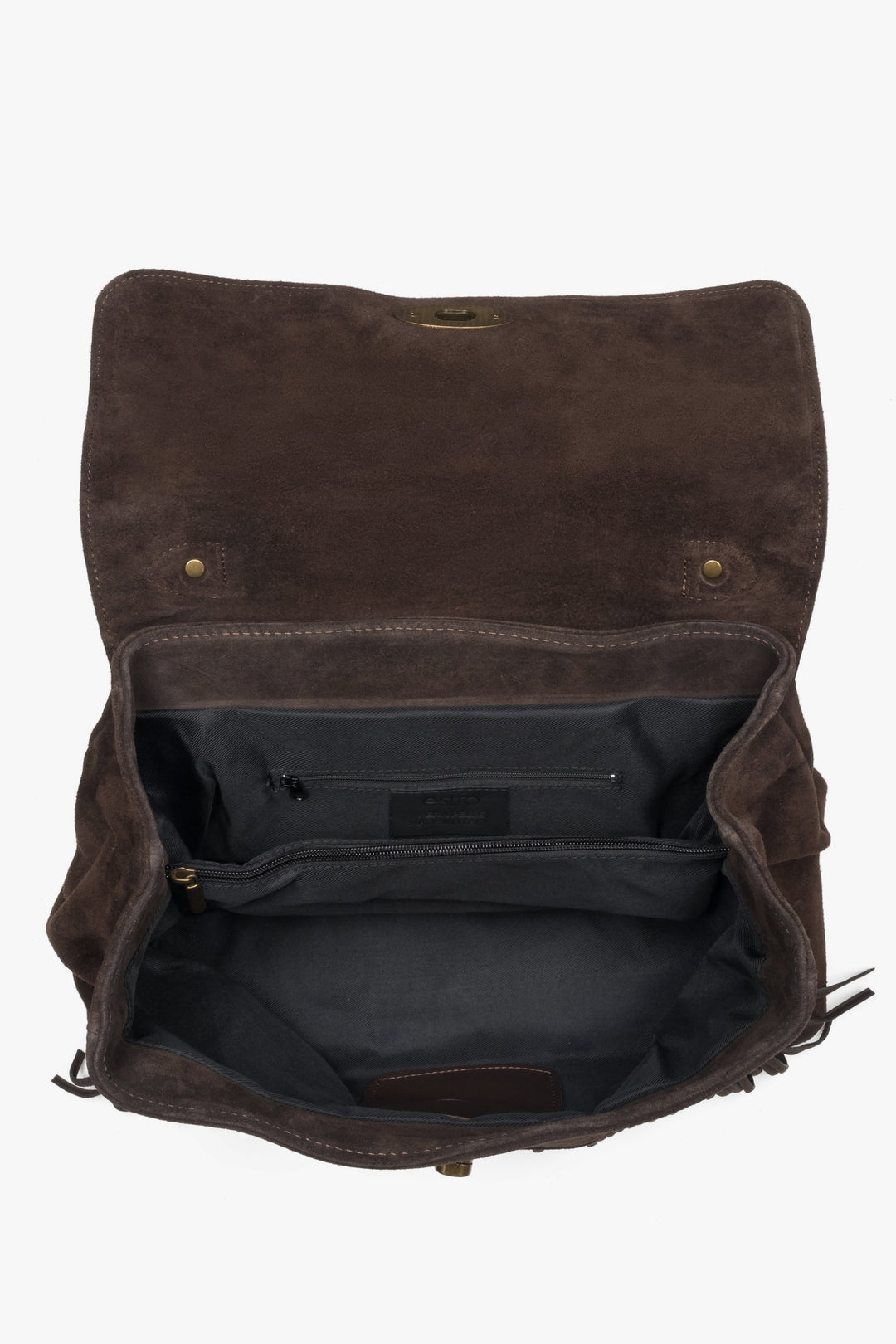 Women’s dark brown handy handbag with fringes made of genuine Italian velour Estro ER00118147.