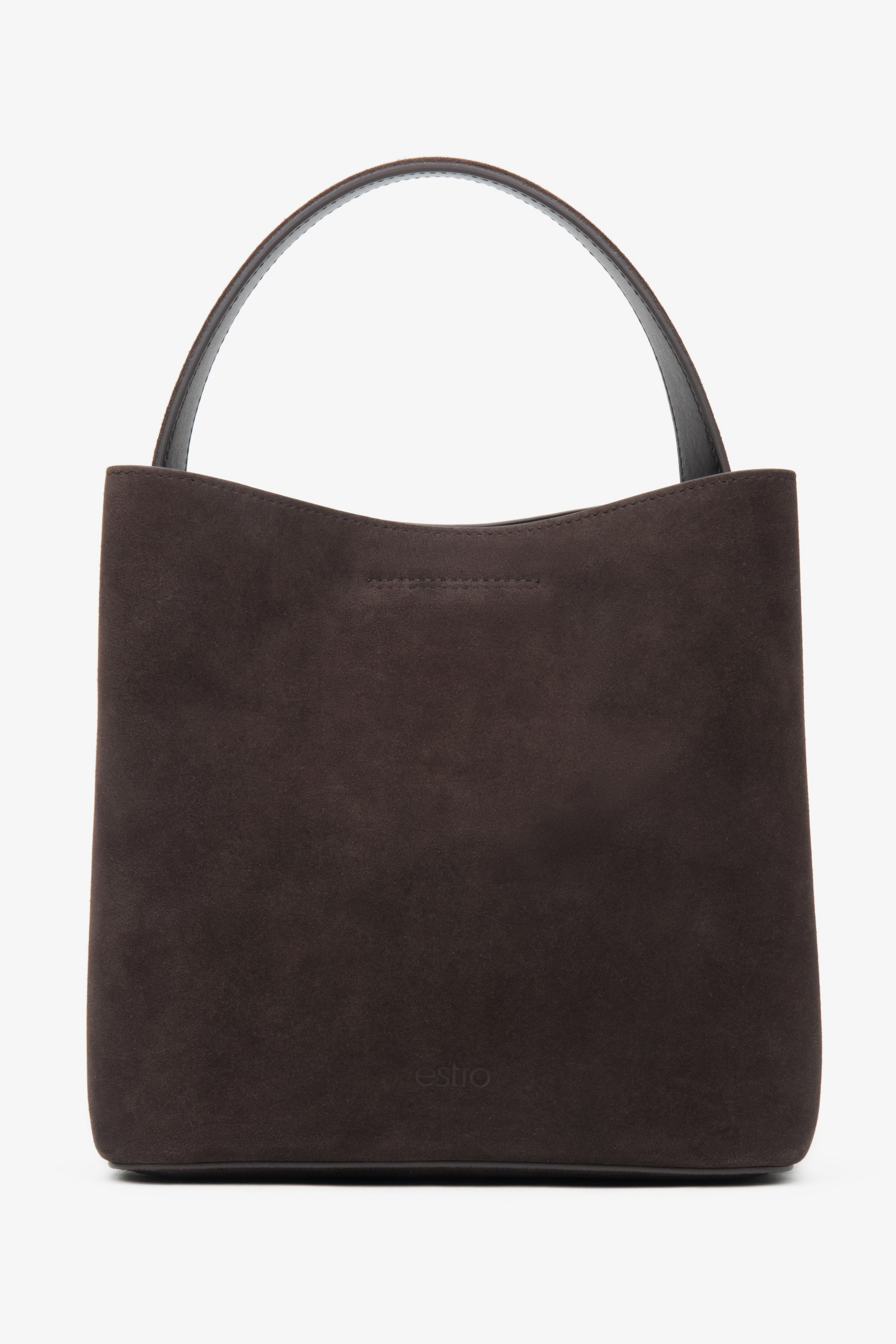 Dark brown women’s velour handbag by Estro, carried by hand.