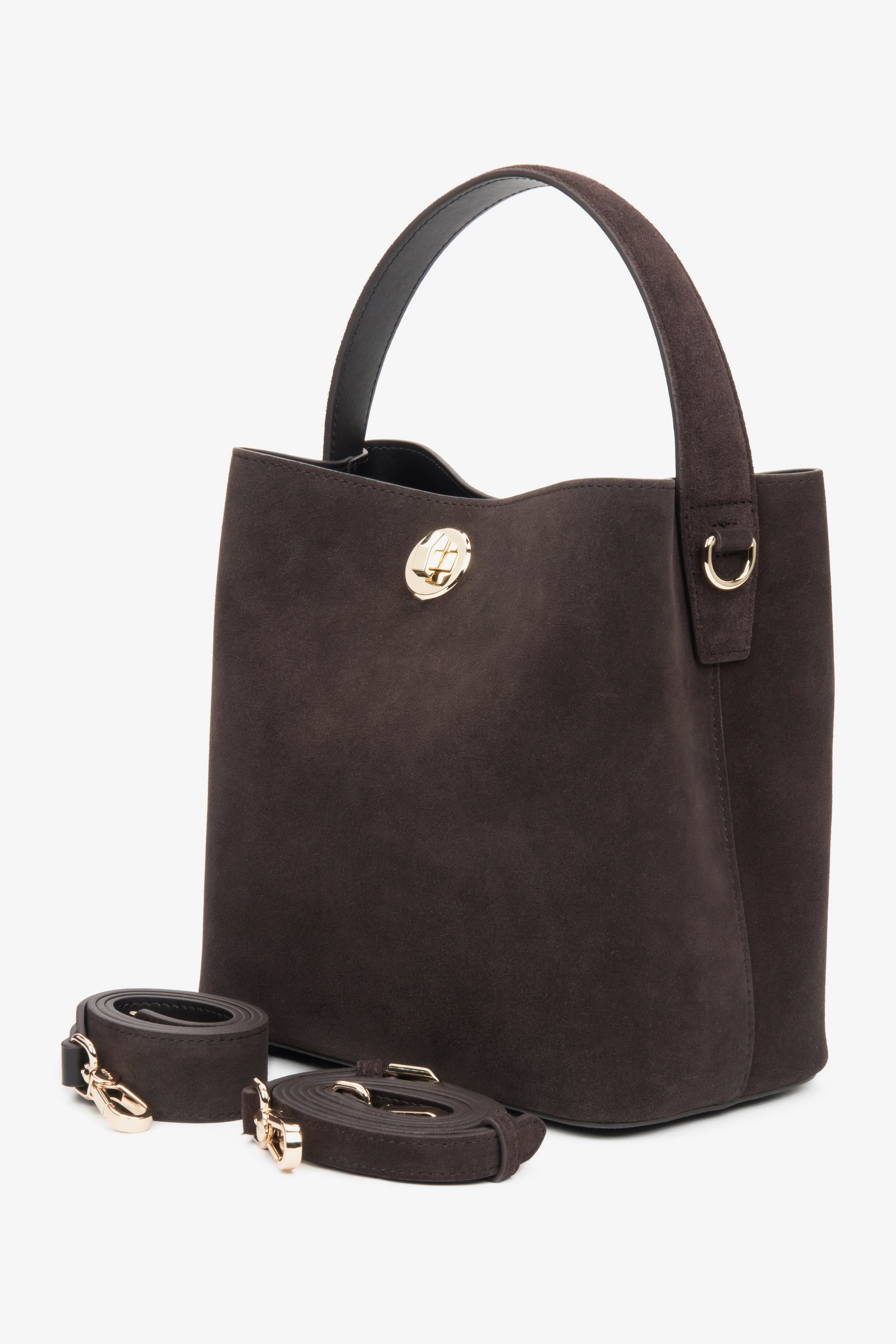 Dark brown women’s hand-held handbag made of natural velour Estro.
