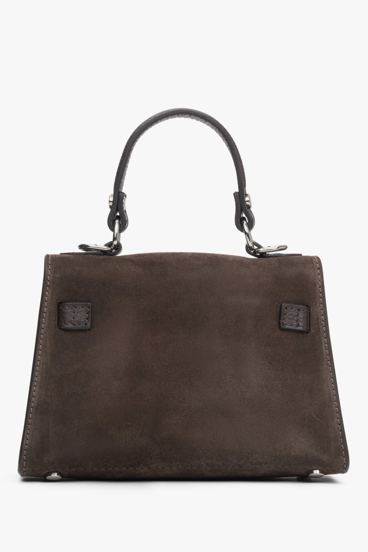 Dark brown women’s satchel handbag made of Premium Italian velour with silver hardware.