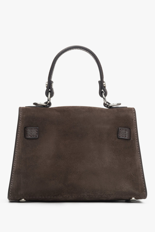 Dark brown women’s satchel handbag made of Premium Italian velour with silver hardware.