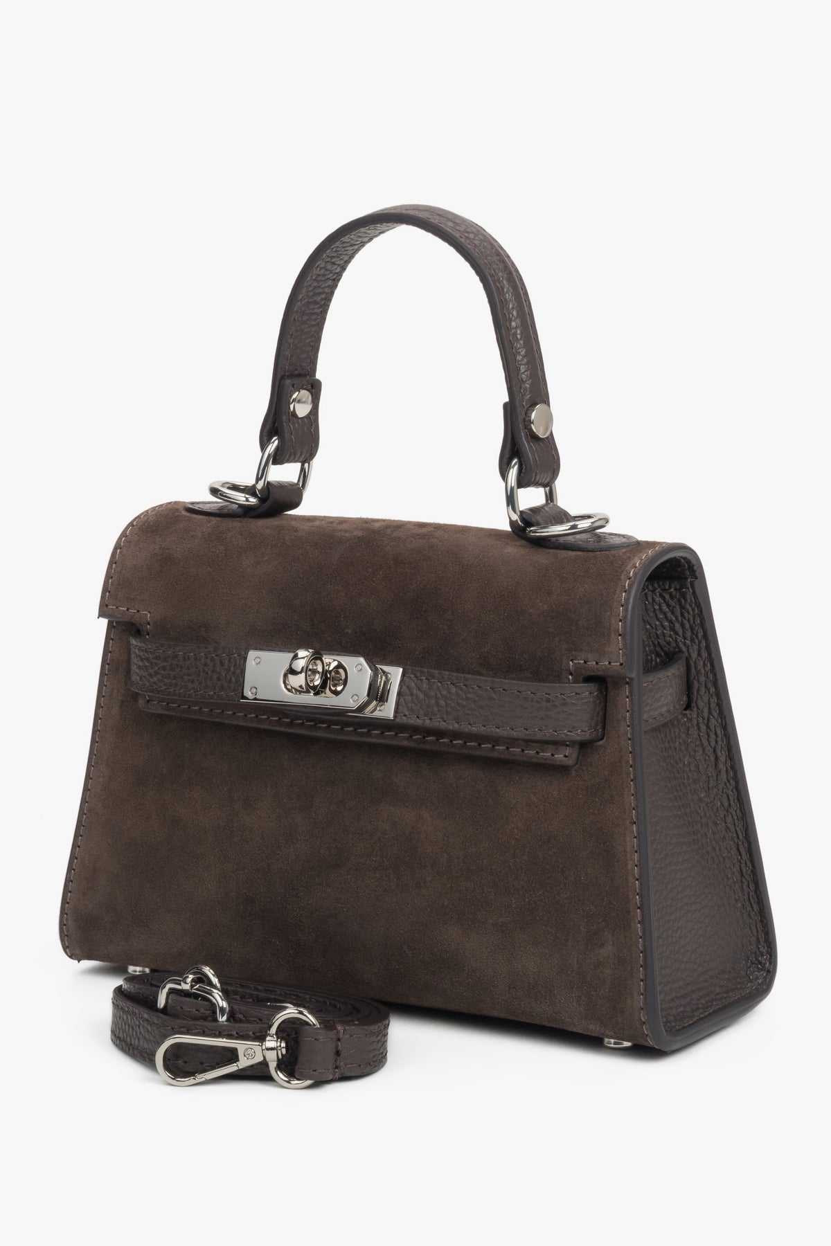 Women’s dark brown satchel handbag made of Premium Italian velour with silver hardware, Estro.