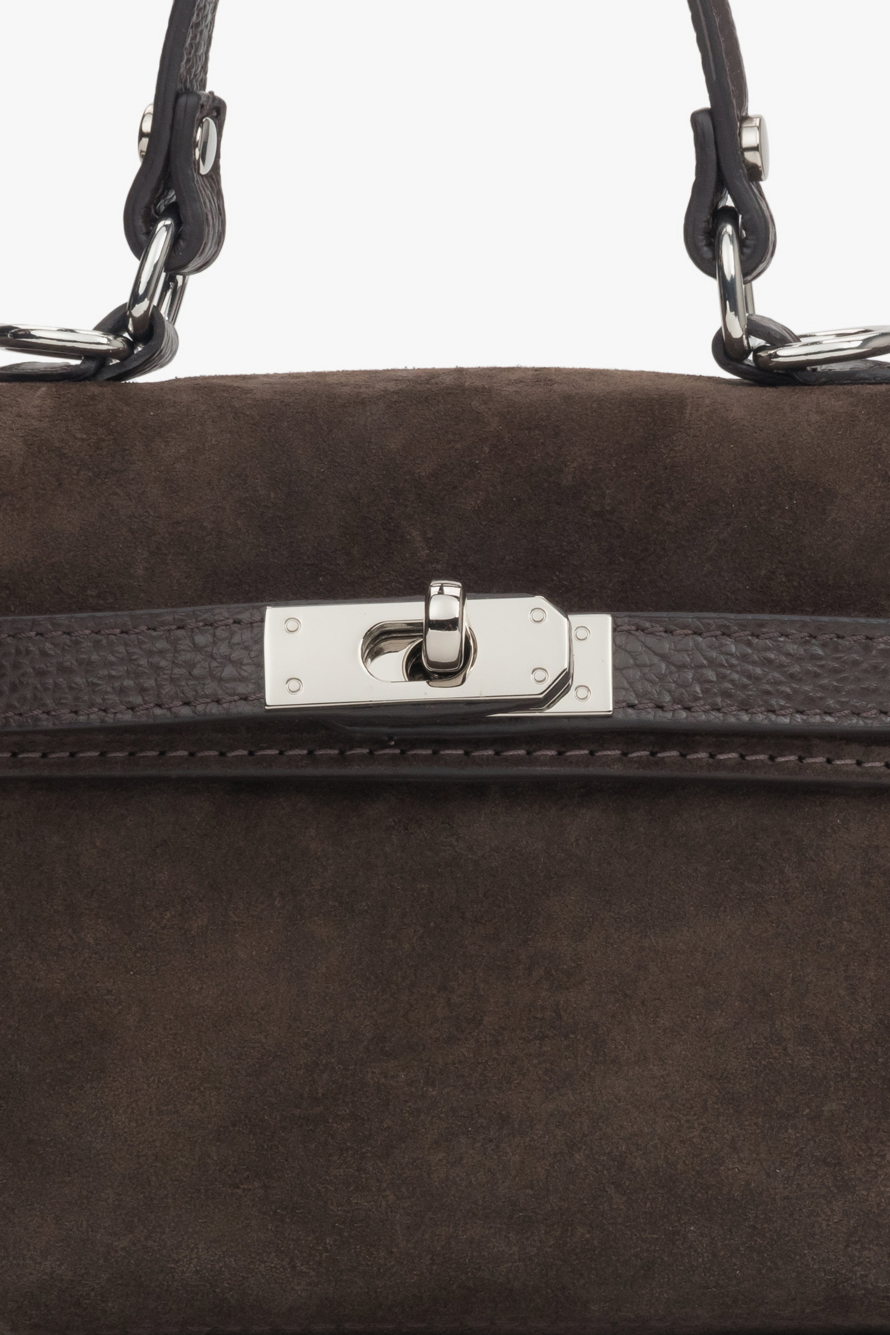With silver hardware — dark brown women’s satchel handbag made of Premium Italian velour, Estro.
