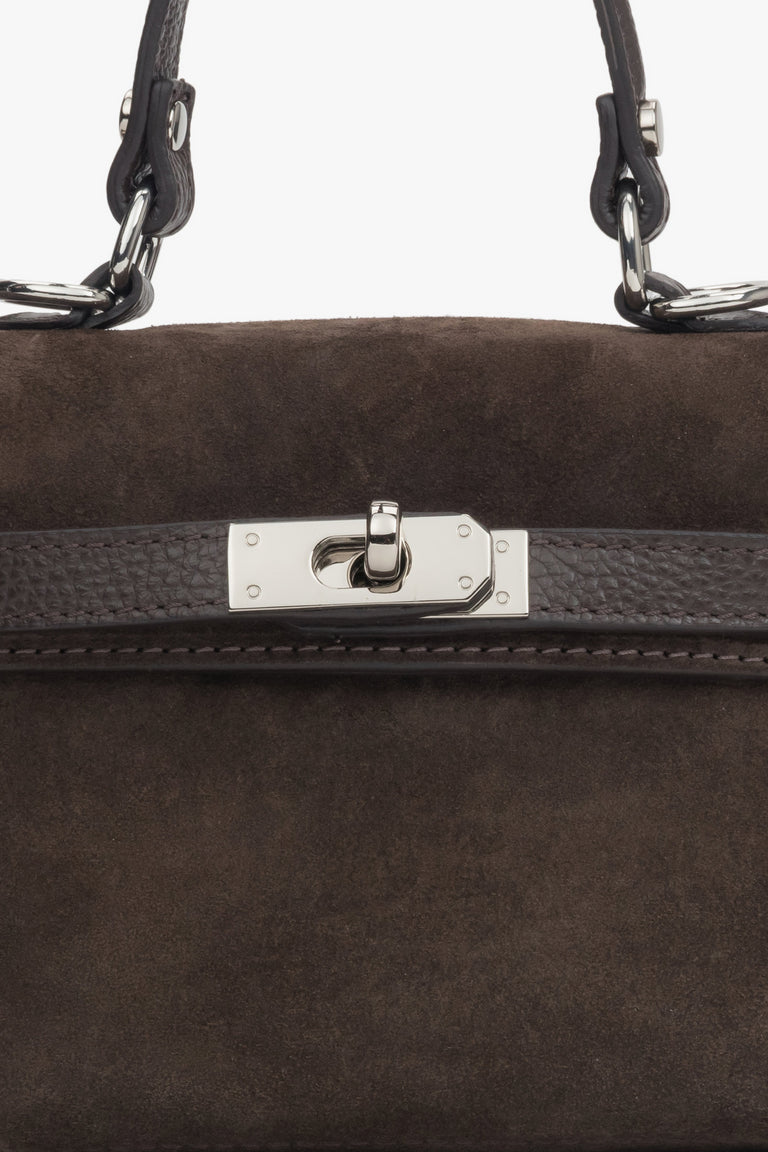 With silver hardware — dark brown women’s satchel handbag made of Premium Italian velour, Estro.