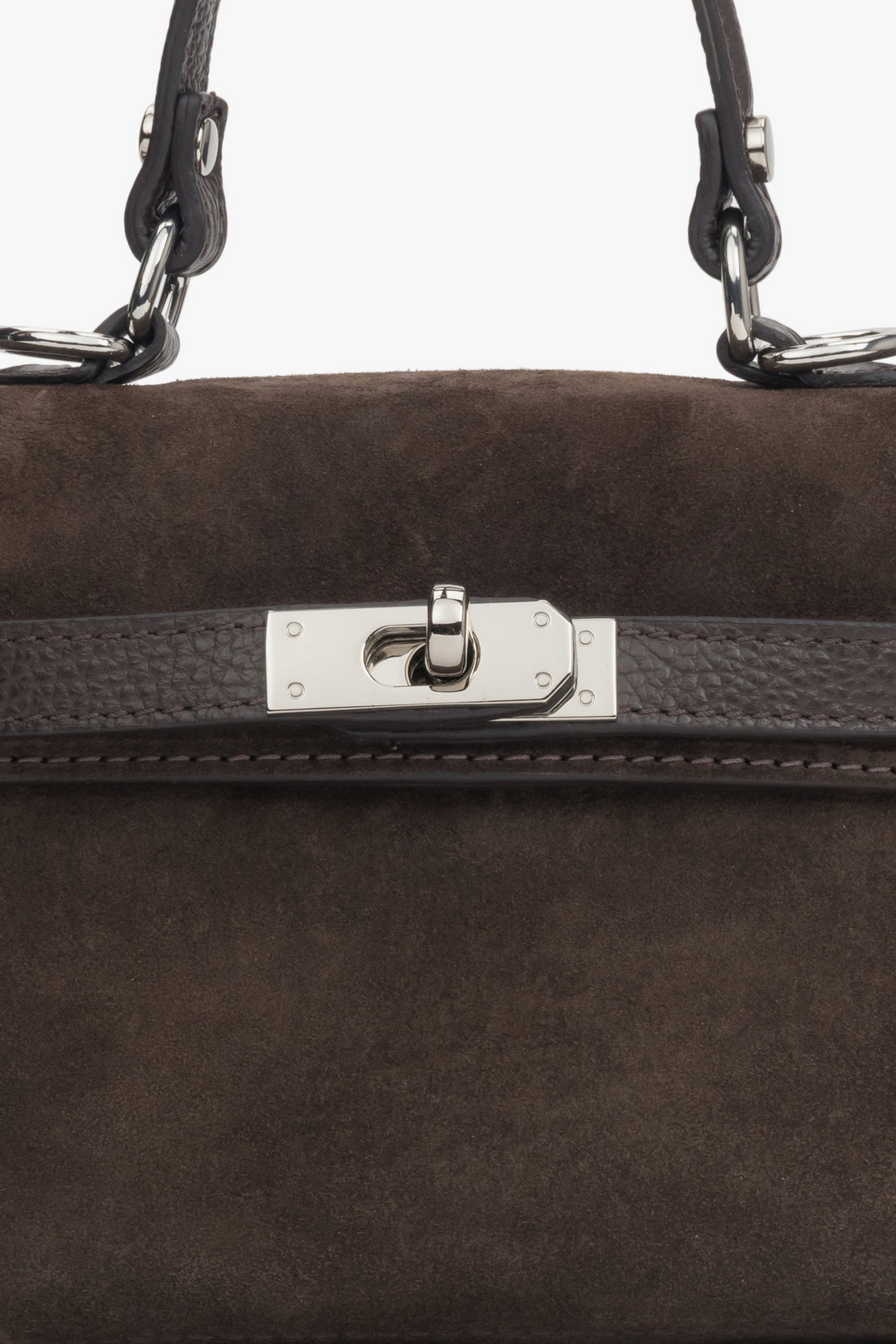 With silver hardware — dark brown women’s satchel handbag made of Premium Italian velour, Estro.