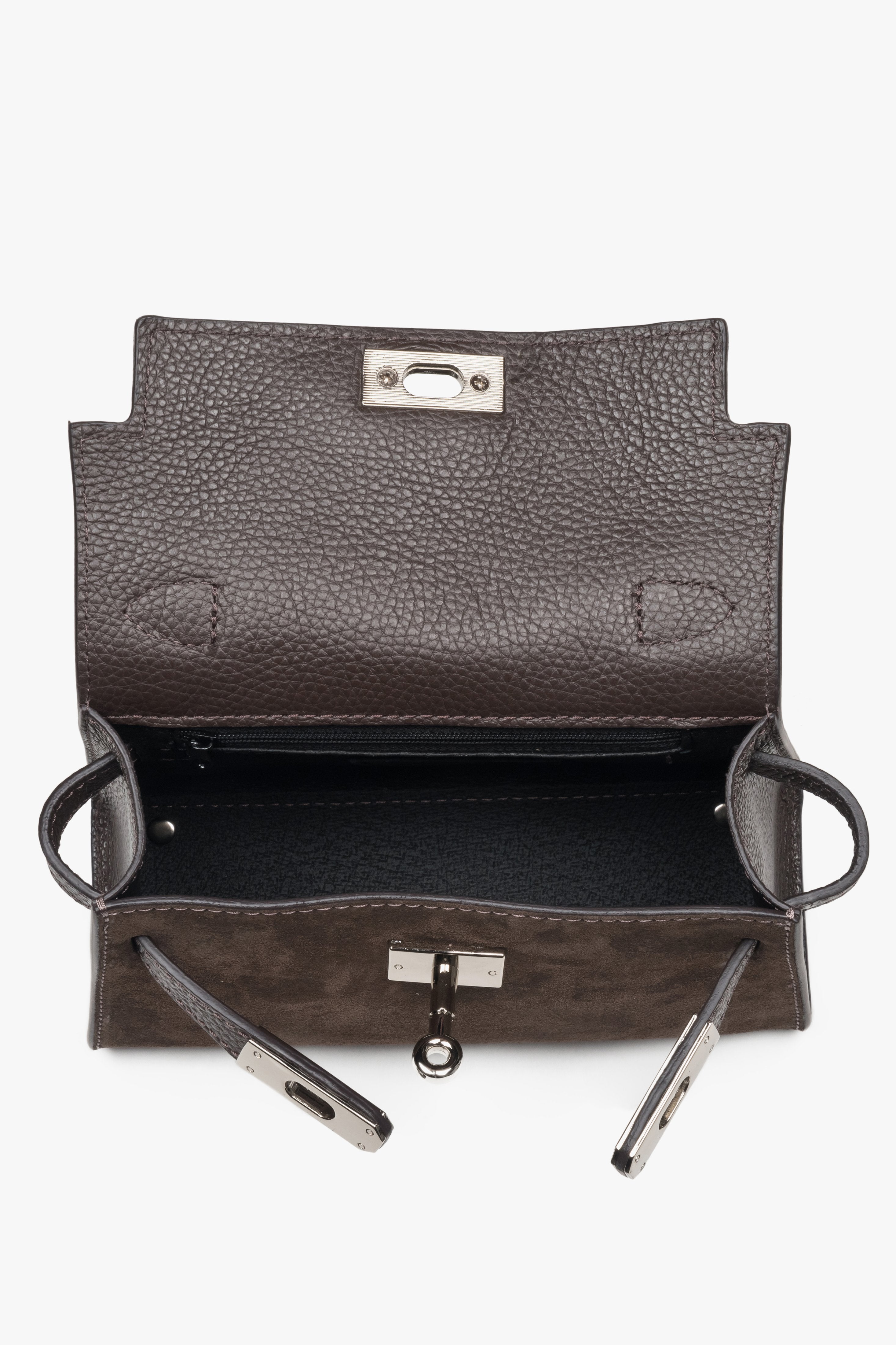 Made of Premium Italian velour — dark brown women’s satchel handbag with silver hardware, Estro.