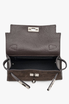 Made of Premium Italian velour — dark brown women’s satchel handbag with silver hardware, Estro.