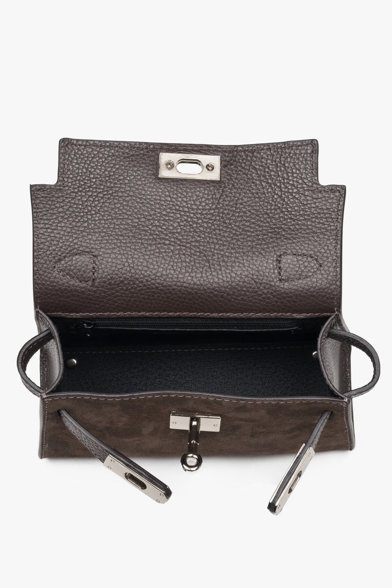 Made of Premium Italian velour — dark brown women’s satchel handbag with silver hardware, Estro.