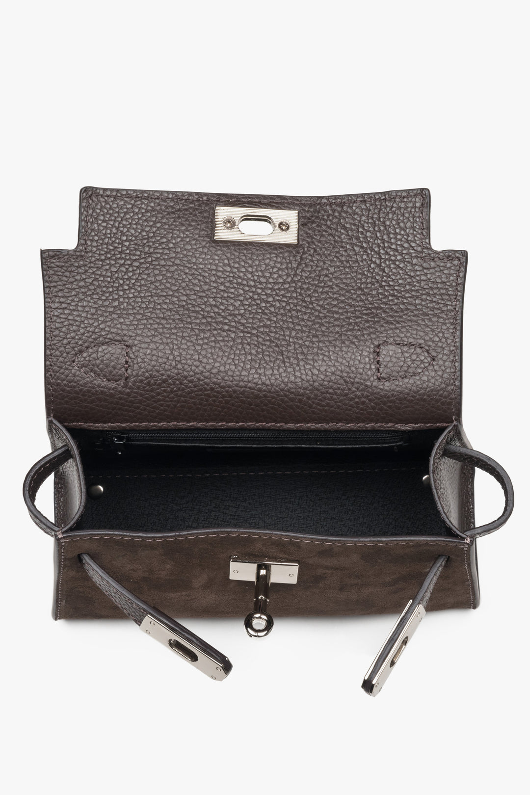 Made of Premium Italian velour — dark brown women’s satchel handbag with silver hardware, Estro.
