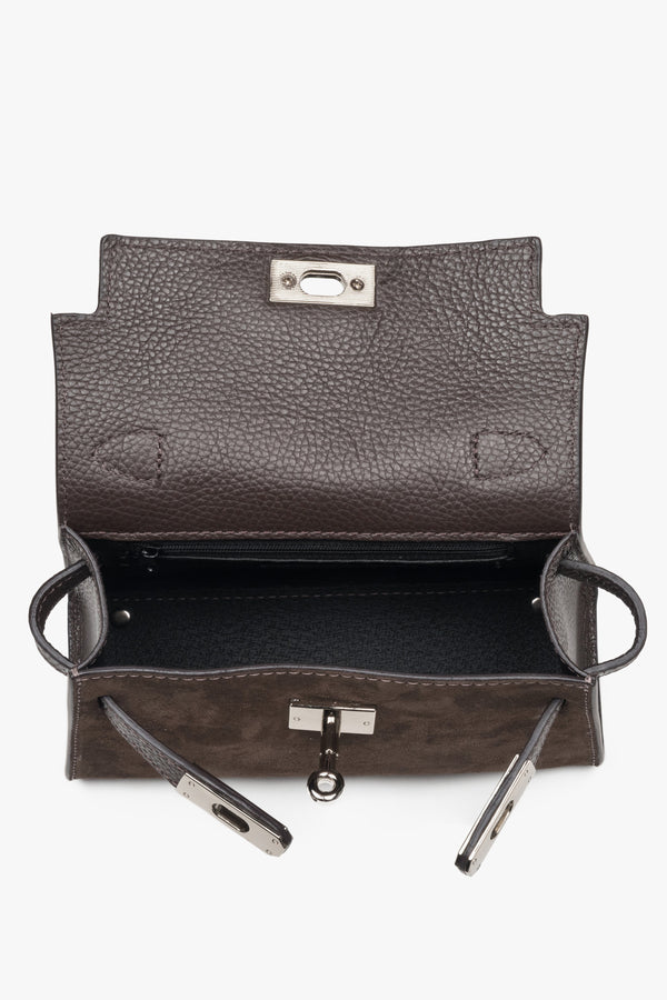 Made of Premium Italian velour — dark brown women’s satchel handbag with silver hardware, Estro.
