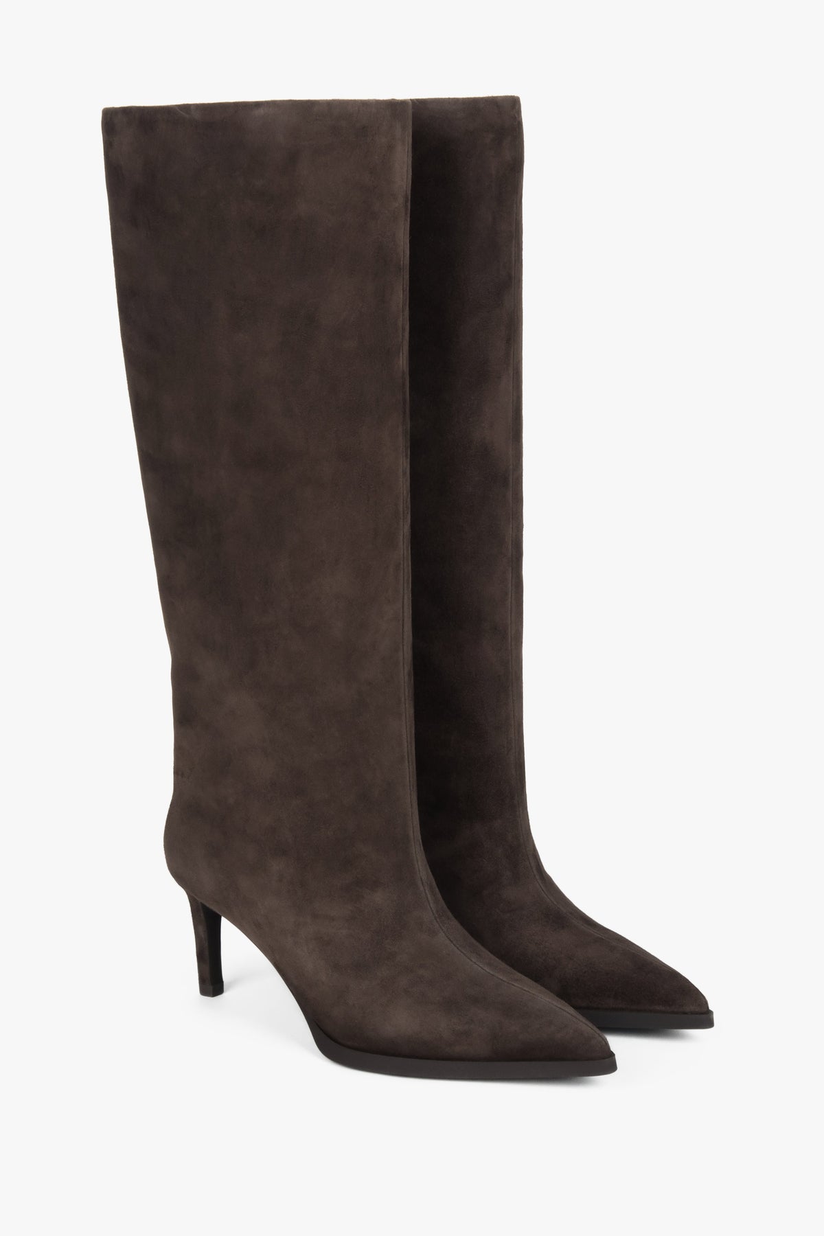 Dark brown women’s heeled boots made of genuine velour.