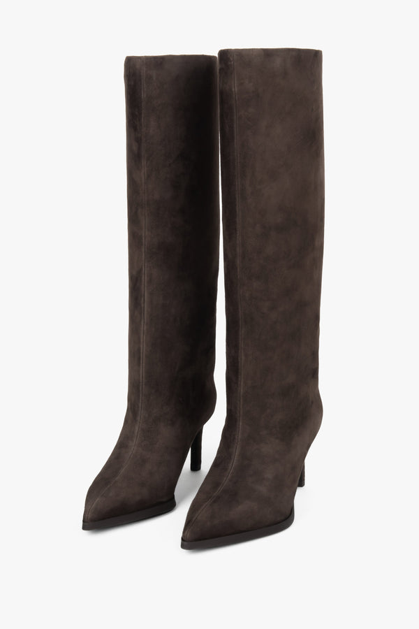 Women’s dark brown heeled boots made of natural velour Estro.