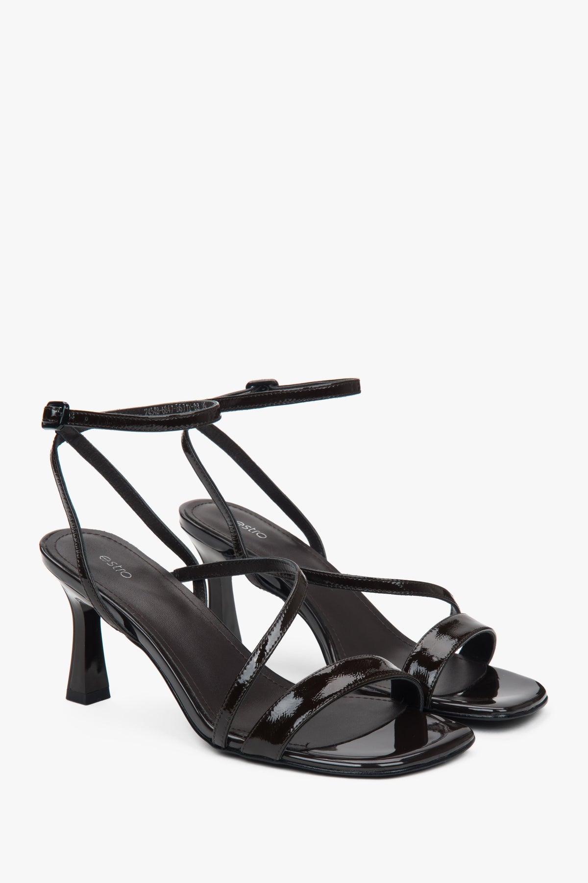 Dark brown women’s heeled sandals in genuine leather.