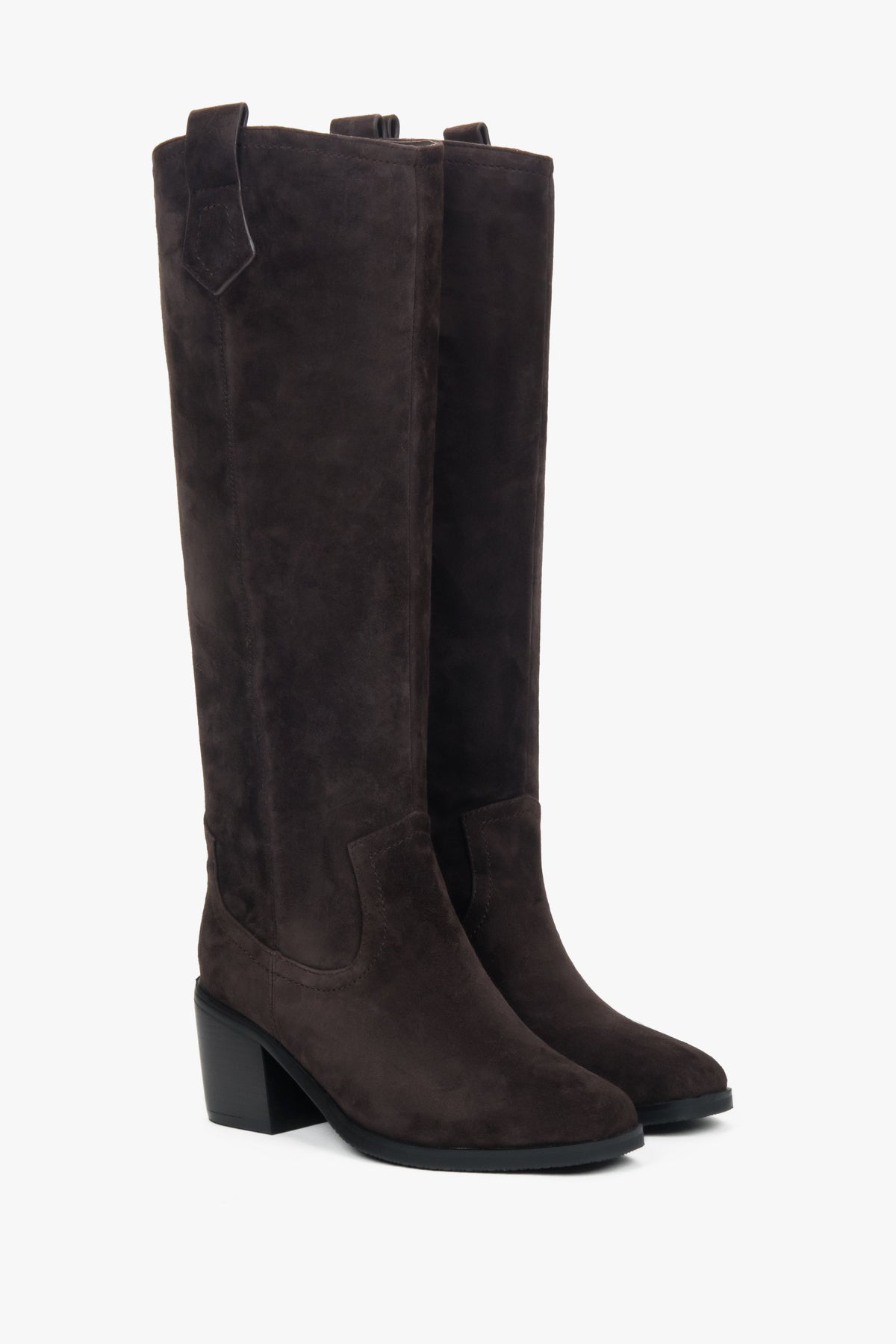 Dark brown women’s high cowboy boots made of natural velour.