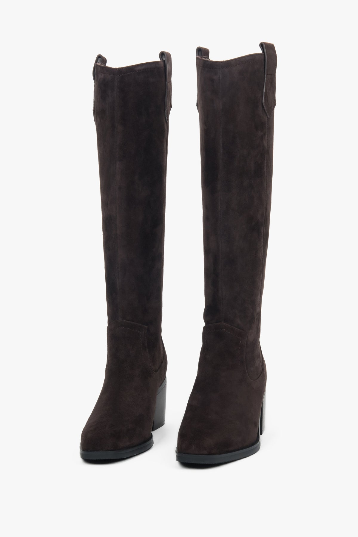 Women’s high cowboy boots Estro, dark brown, made of natural velour.