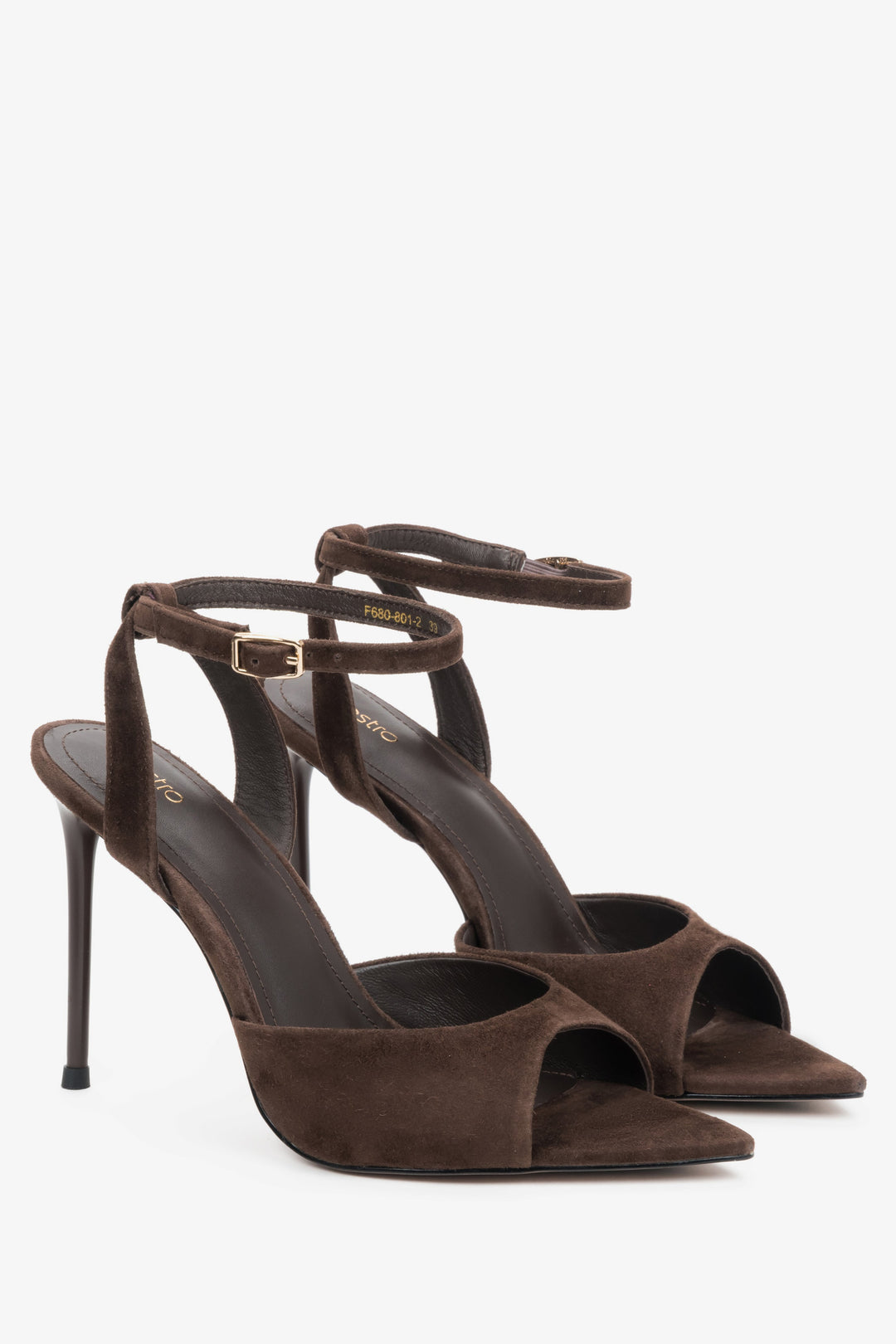 Dark brown women’s high heel sandals made of natural velour.