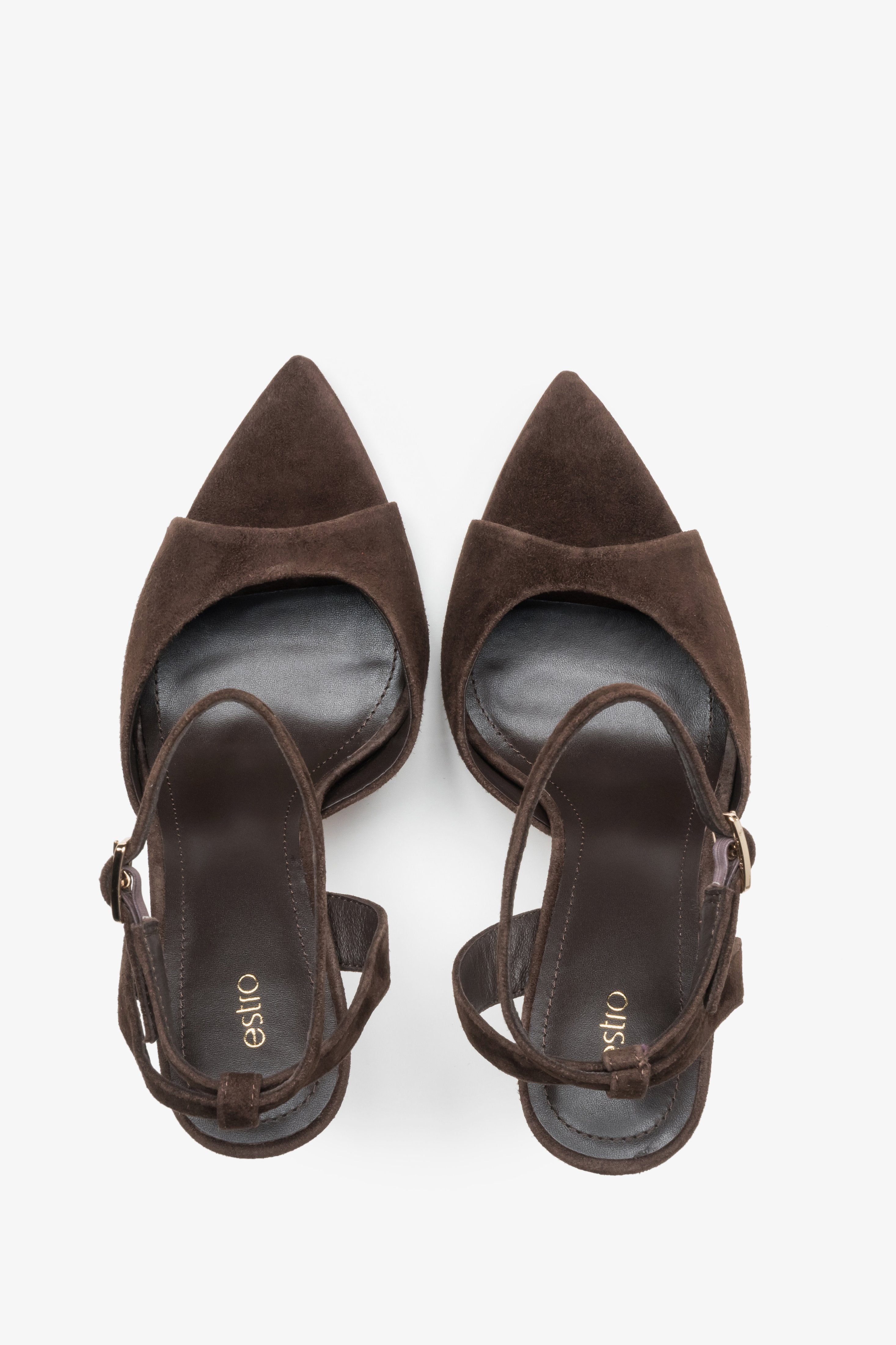 Women’s high heel sandals, dark brown, made of natural velour – top view.