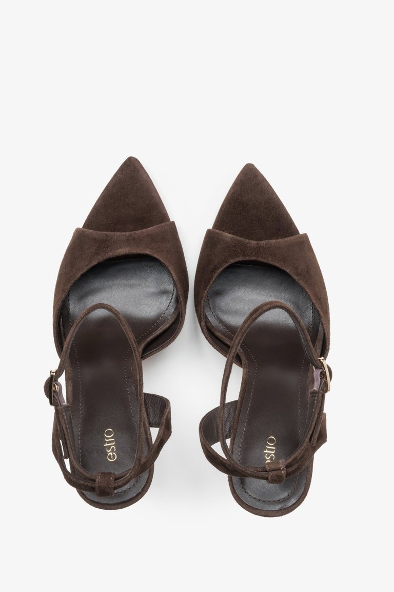 Women’s high heel sandals, dark brown, made of natural velour – top view.