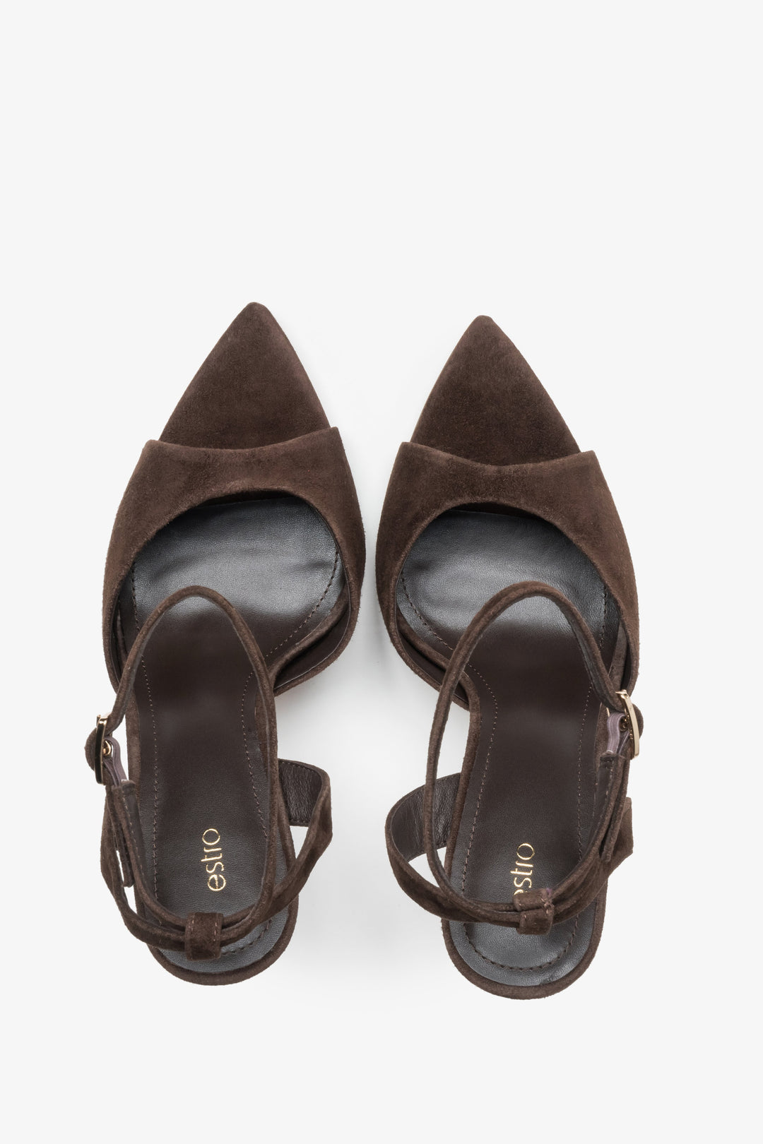 Women’s high heel sandals, dark brown, made of natural velour – top view.