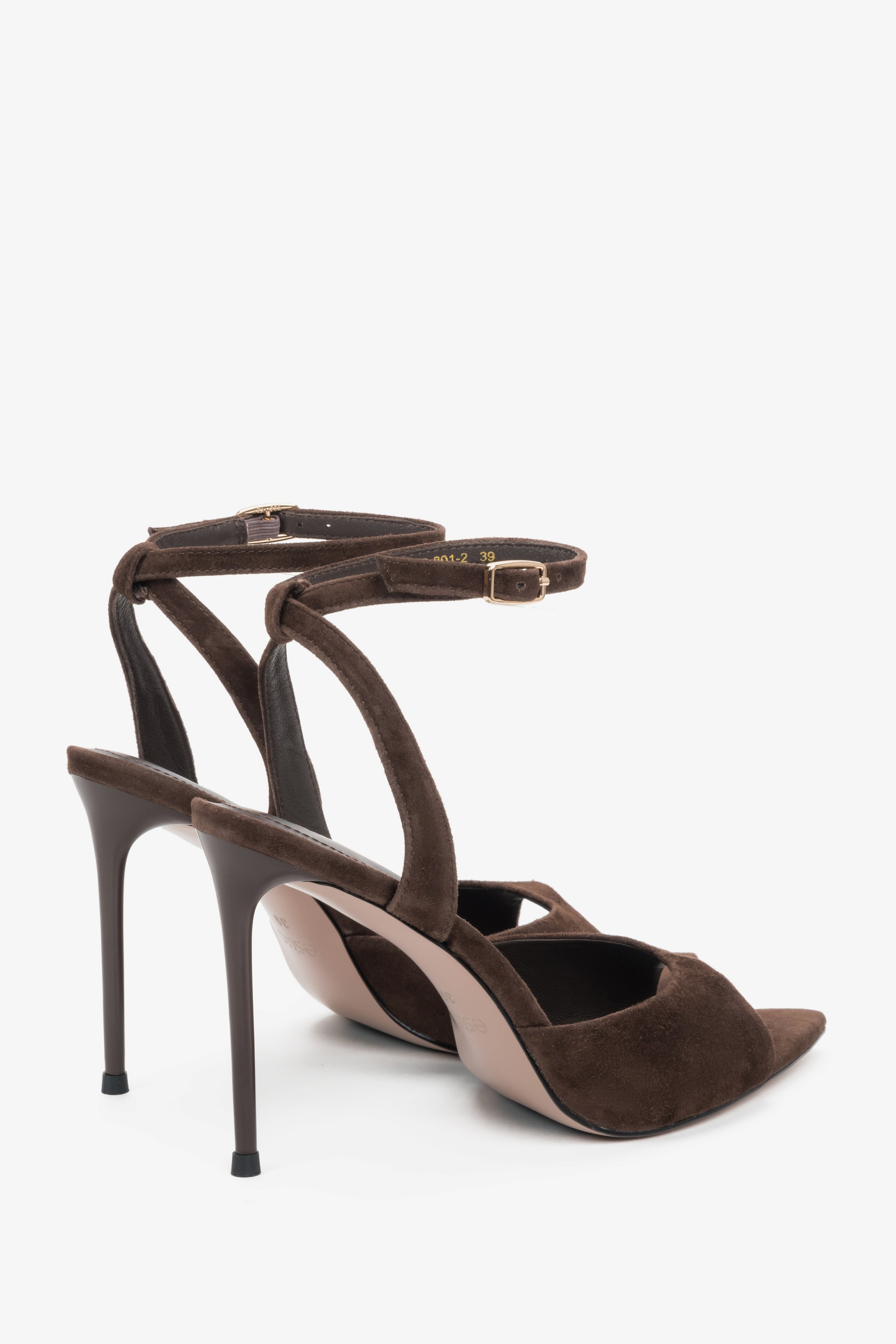 Made of natural velour, dark brown women’s high heel sandals, Estro.