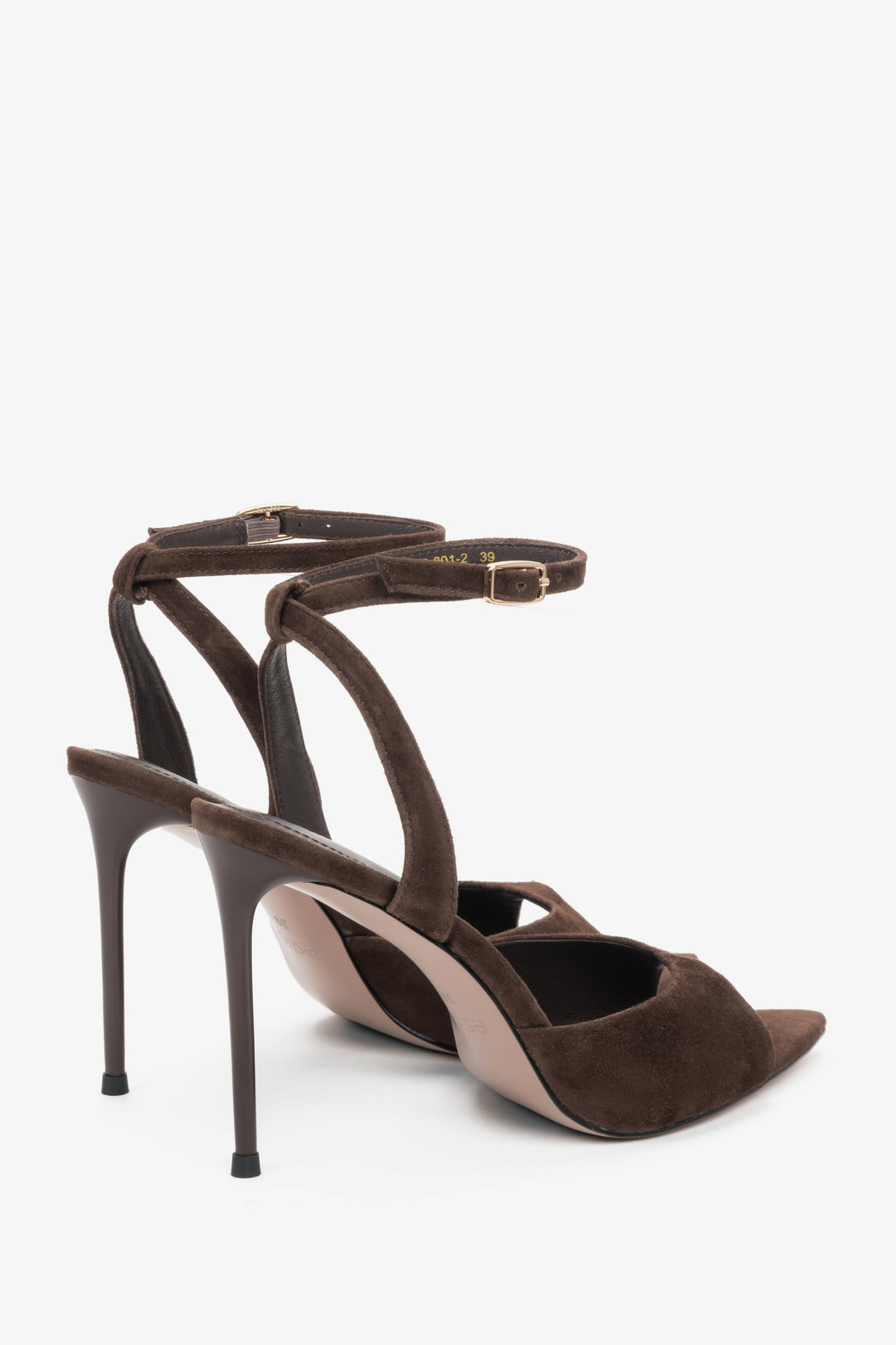 Made of natural velour, dark brown women’s high heel sandals, Estro.