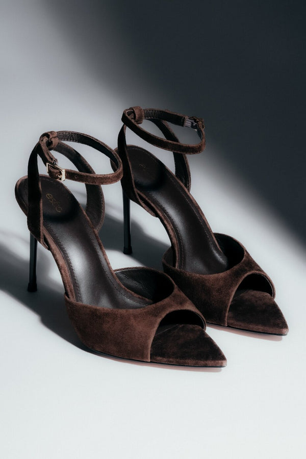 Women’s Dark Brown High Heel Sandals made of Genuine Velour Estro ER00119474