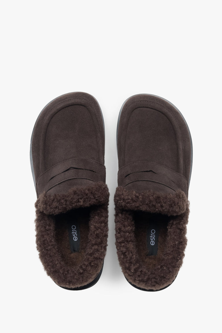 Elegant winter loafers combining natural velour with natural and faux fur accents for style and warmth.