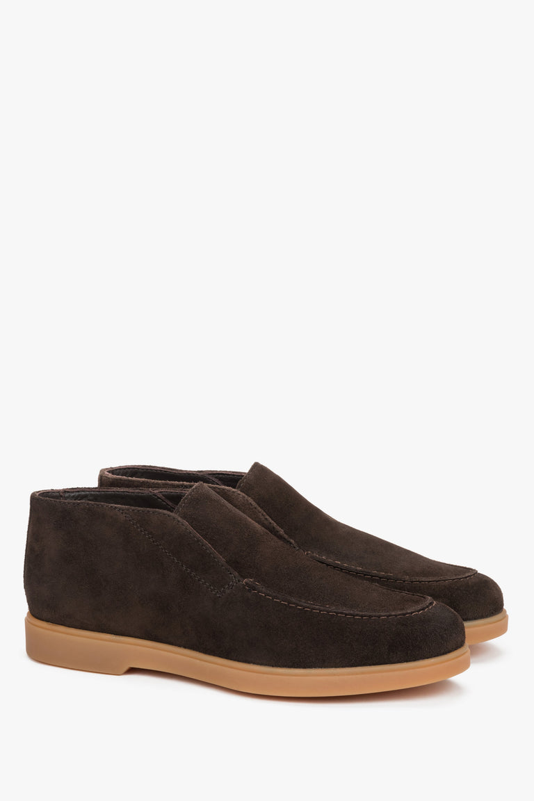Women's Dark Brown High Ankle Loafers made of Genuine Italian Premium Velour Estro.