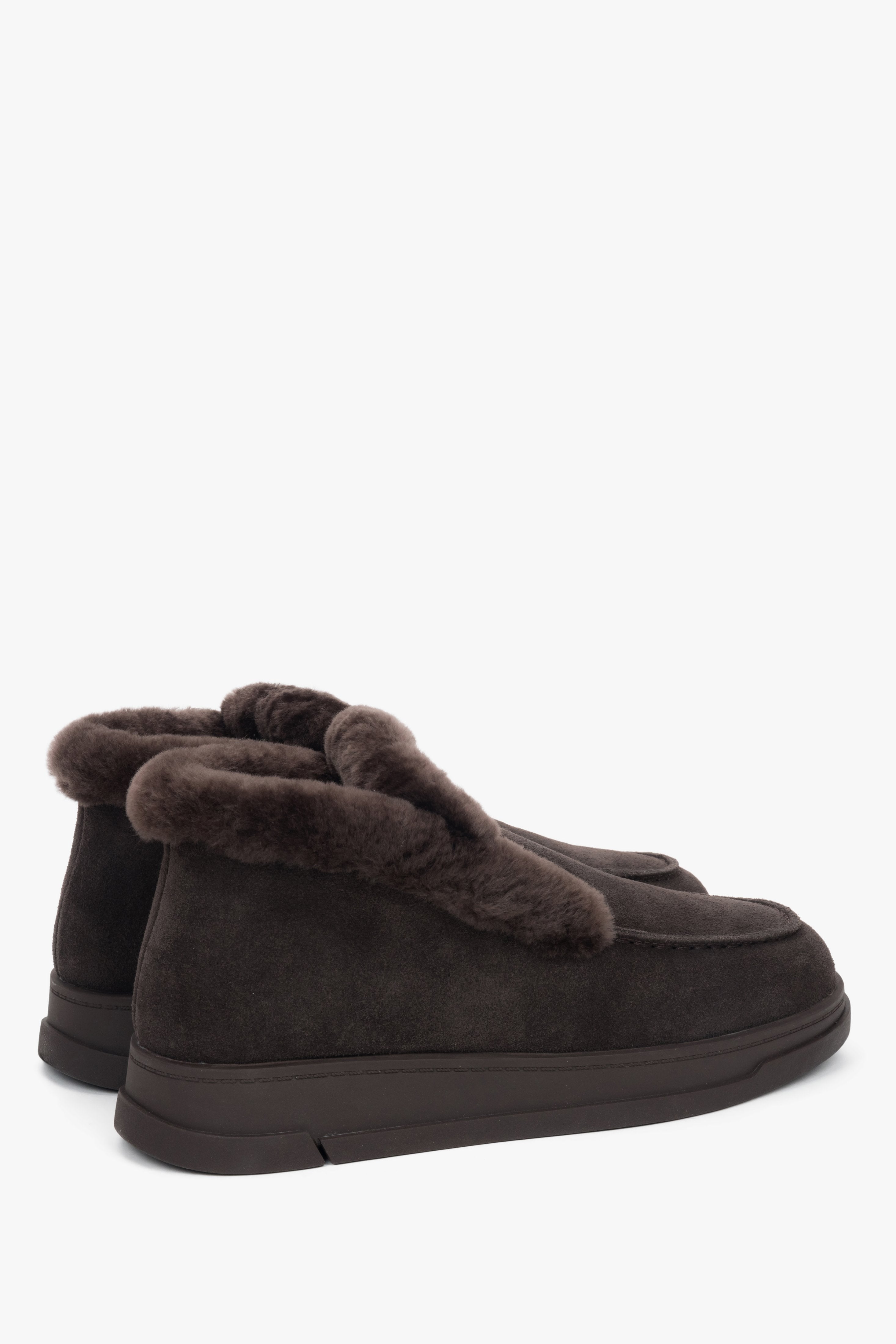 Stylish dark brown winter loafers with a plush fur interior and flexible rubber sole.