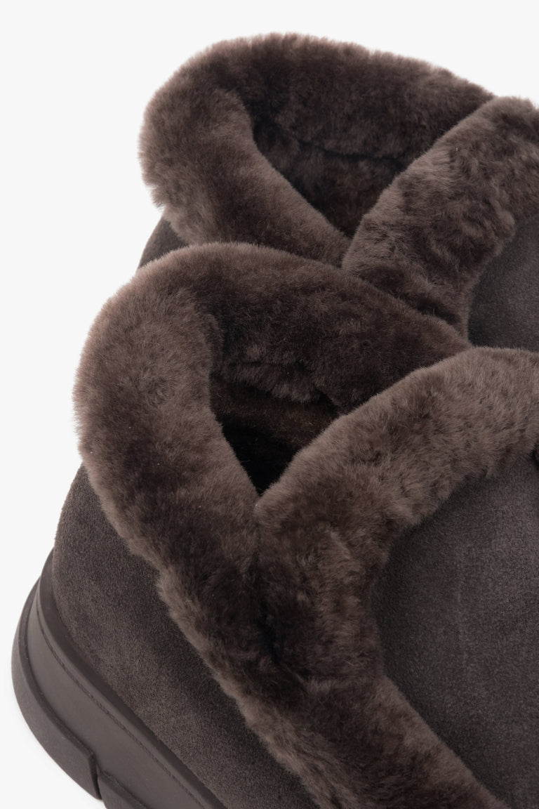 Minimalist women’s velour loafers in dark brown with a soft heel counter and snug fit.