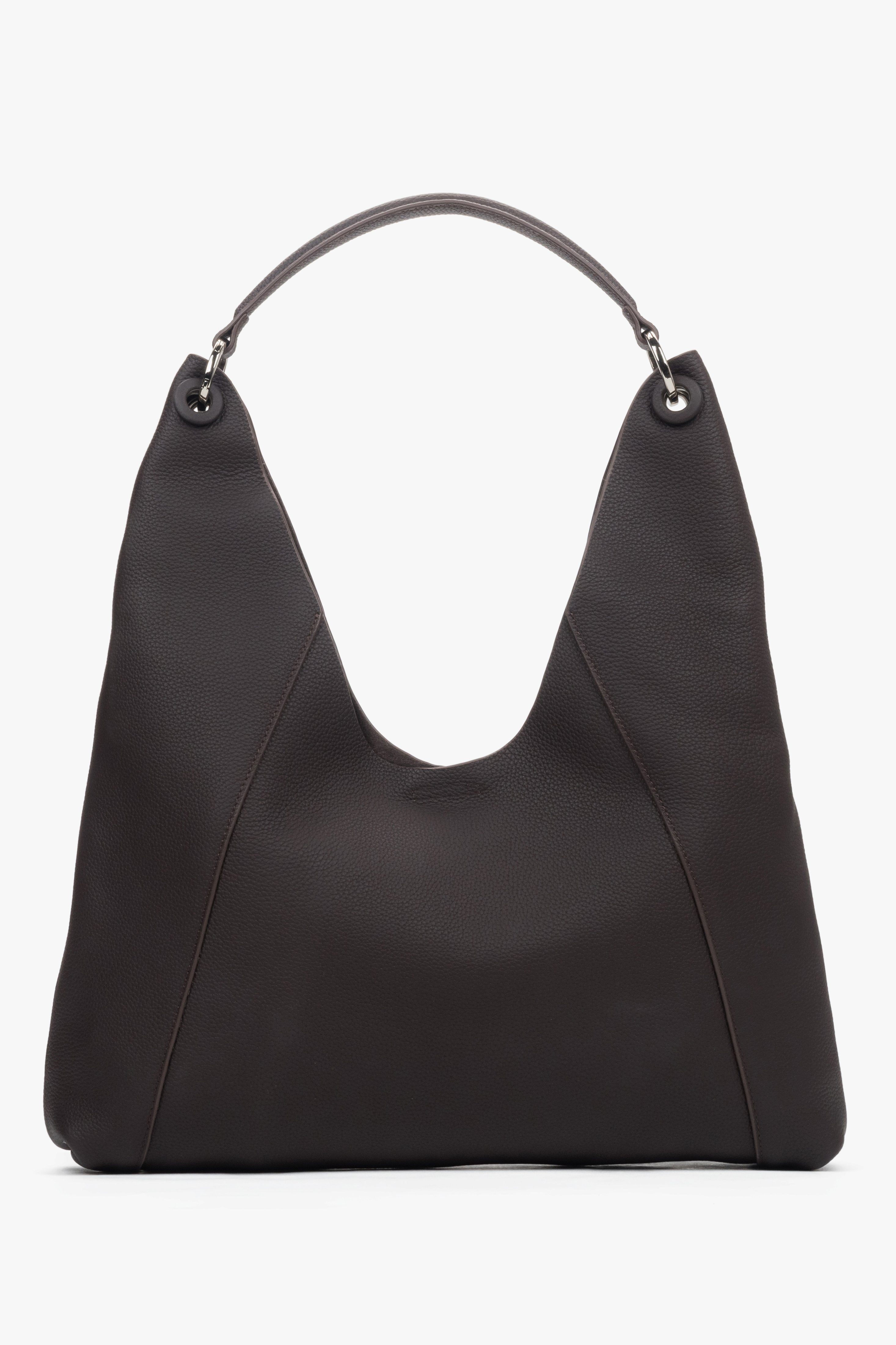 Spacious dark brown hobo bag for women in genuine leather with soft reinforced handles.