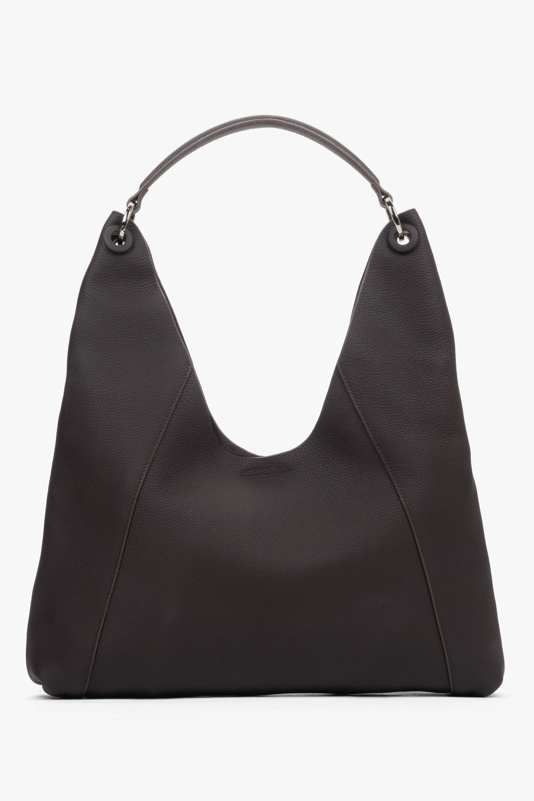 Spacious dark brown hobo bag for women in genuine leather with soft reinforced handles.