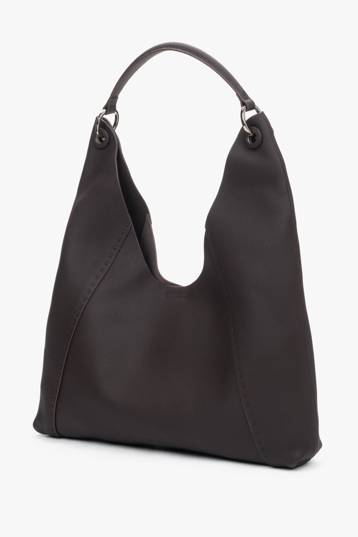 Genuine leather dark brown hobo bag for women with magnetic snap closure and velour lining.